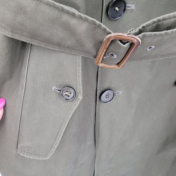 Vintage Army Green Military Trench Coat XL Belt Shoulder Tab Warcore Trenchcore - Picture 7 of 14